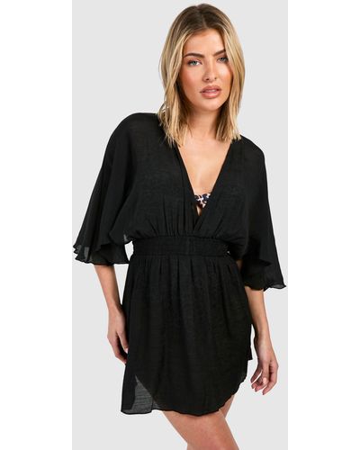 Boohoo Linen Look Cover-up Beach Dress - Black