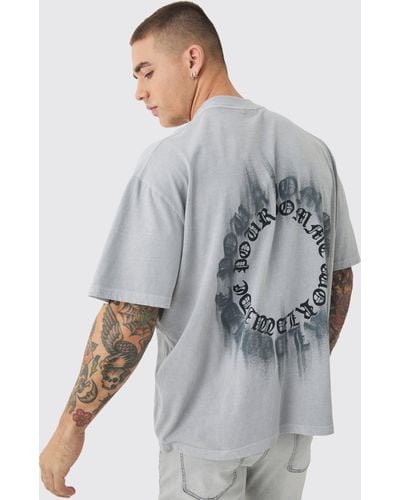 BoohooMAN Oversized Boxy Extended Neck Washed Homme Print T-shirt - Gray
