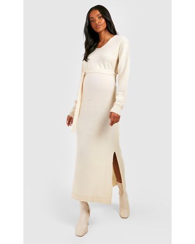 Boohoo Maternity Knitted Split Midi Dress - Natural