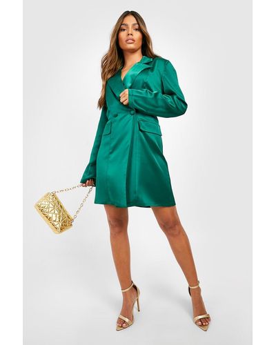 Boohoo Premium Satin Double Breasted Blazer Dress - Green
