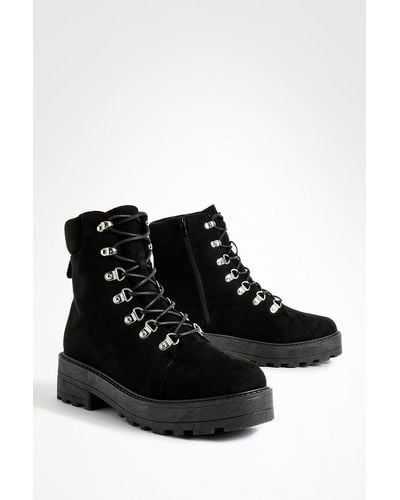 Boohoo Wide Fit Eyelet Detail Lace Up Chunky Hiker Boots - Black