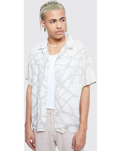 BoohooMAN Tall Barbwire Viscose Revere Boxy Shirt - White