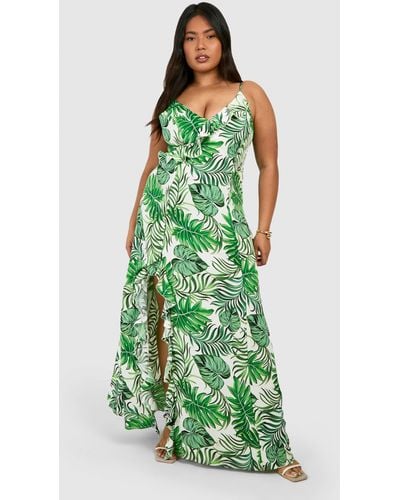 Boohoo Plus Tropical Print Strappy Split Maxi Dress - Green