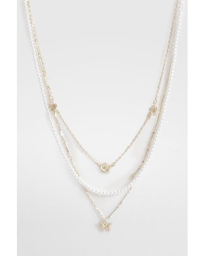 Boohoo Butterfly & Pearl Necklace Multipack - Blanco