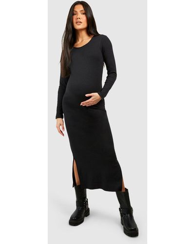 Boohoo Maternity Long Sleeve Rib Midaxi Dress - Black