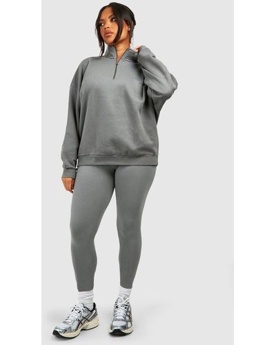 Boohoo Plus Oversized Half Zip Sweatshirt And Legging Set - Grey