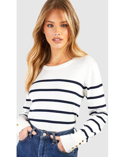Boohoo Fine Gauge Button Sleeve Detail Stripe Sweater - White