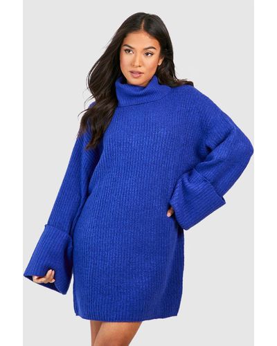 Boohoo Petite Deep Cuff Roll Neck Sweater Dress - Blue