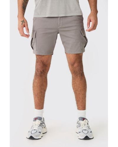 BoohooMAN Fixed Waist Grey Skinny Fit Cargo Shorts - Grau