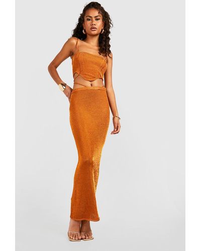 Boohoo Metallic Knitted Crop Corset Top And Maxi Skirt Set - Orange