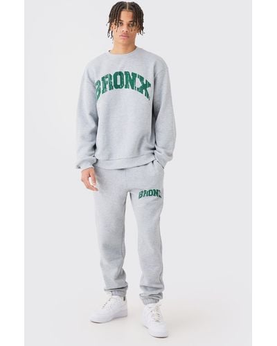 BoohooMAN Oversized Bronx Varsity Sweatshirt Tracksuit - Gray