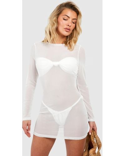 Boohoo Mesh Long Sleeve Beach Mini Dress - White