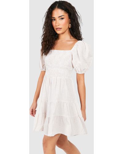 Boohoo Petite Short Sleeve Shirred Mini Dress - White