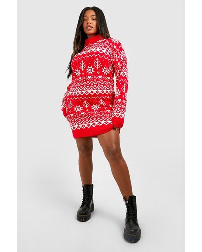 Boohoo Plus Fairisle Turtleneck Sweater Dress - Red