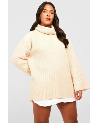 Boohoo Plus Chunky Knit Turtleneck 2 In 1 Shirt Dress - Natural