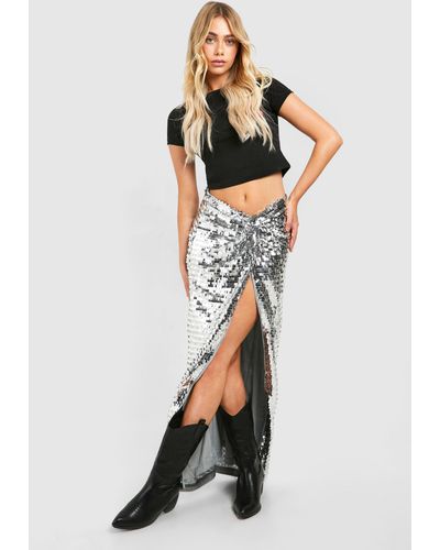 Boohoo Festival Shard Sequin Twist Knotted Maxi Skirt - Gray