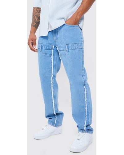 Boohoo Relaxed Rigid Double Waistband Frayed Jeans - Blue