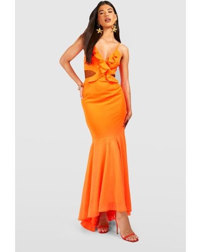 Boohoo Tall Chiffon Ruffle Cut Out Fishtail Maxi Dress - Orange