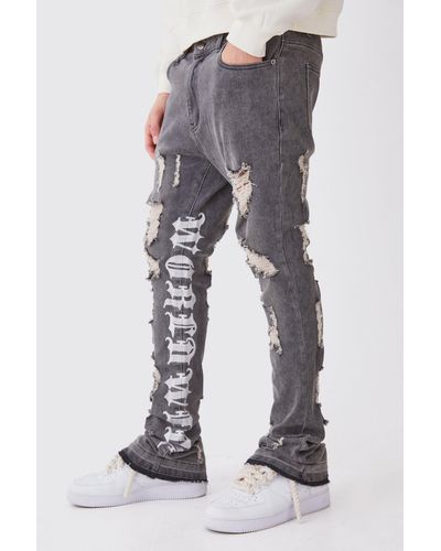 BoohooMAN Skinny Stretch Stacked Distressed Embroidered Gusset Jeans - Blue