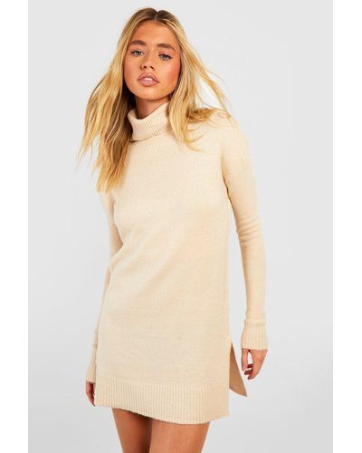 Boohoo Roll Neck Oversized Sweater Dress - Natural