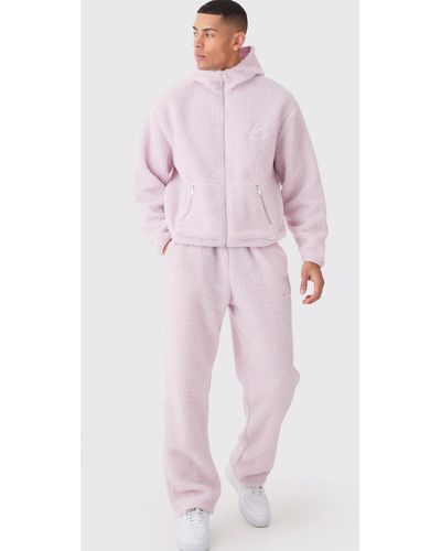 BoohooMAN Oversized Boxy Zip Through Embroidered Hooded Tracksuit - Pink