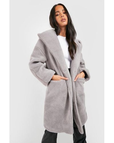 Boohoo Petite Oversized Hooded Teddy Coat - Gray