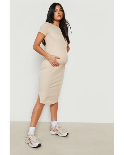 Boohoo Maternity Rib Short Sleeve Midi Dress - Natural