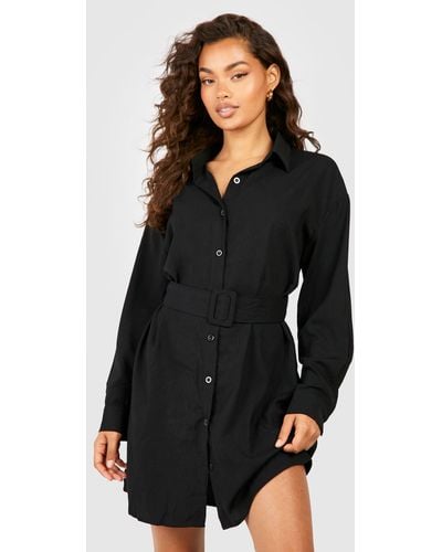 Boohoo Belted Button-down Long Sleeve Shirt Dress - Black