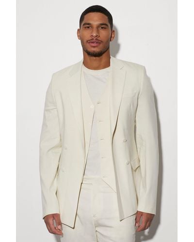 BoohooMAN Tall Double Breasted Slim Linen Suit Jacket - Natural