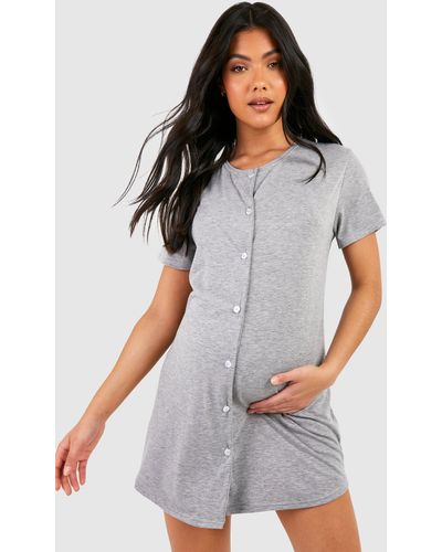 Boohoo Camisón Premamá De Tela Jersey Aterciopelada Con Botones - Gris