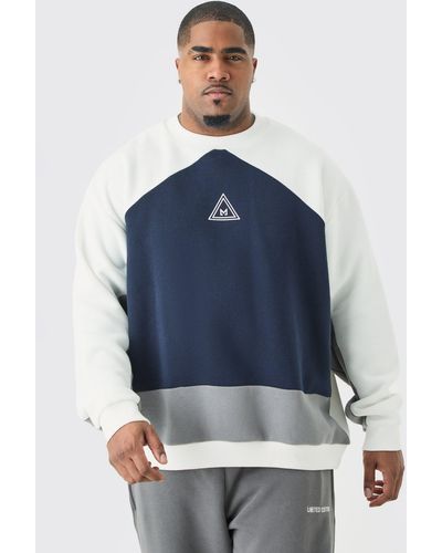 Boohoo Plus Oversized Color Block Branded Sweatshirt In Navy - Blue