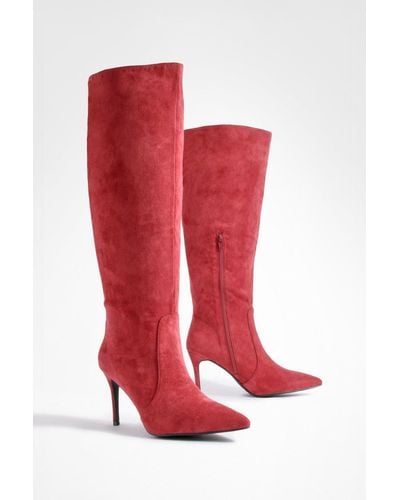 Boohoo Stiletto Pointed Toe Knee High Boots - Red
