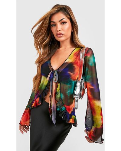 Boohoo Blurred Abstract Printed Mesh Tie Front Ruffle Top