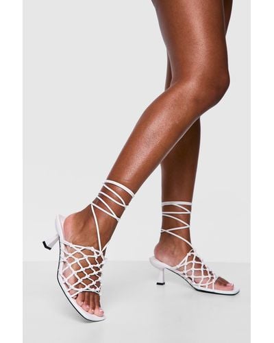 Boohoo Knotted Caged Low Wrap Up Heels - White