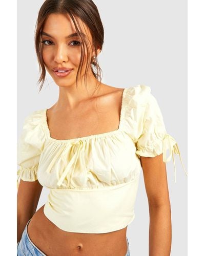 Boohoo Woven Puff Sleeve Cotton Ruched Crop Top - Yellow