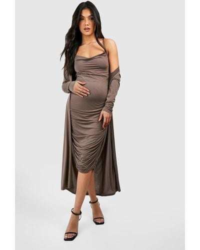 Boohoo Maternity Strappy Cowl Neck Dress And Duster Coat - Brown