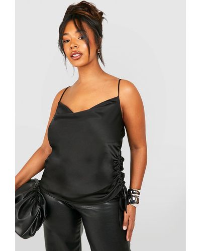 Boohoo Plus Satin Cowl Ruched Side Cami Top - Black