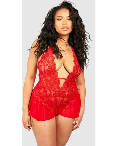 Boohoo Plus Plunge Lace Detail Teddy - Red