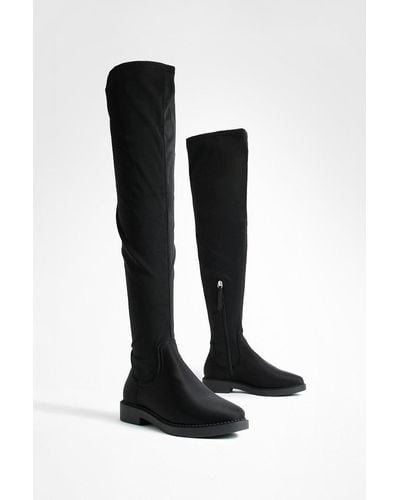 Boohoo Wide Fit Flat Stretch Over The Knee Boots - Black