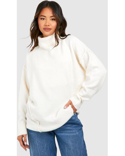 Boohoo Soft Knit Roll Neck Oversized Longline Sweater - White