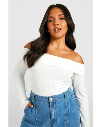 Boohoo Plus Soft Knitted Rib Off The Shoulder Top - White