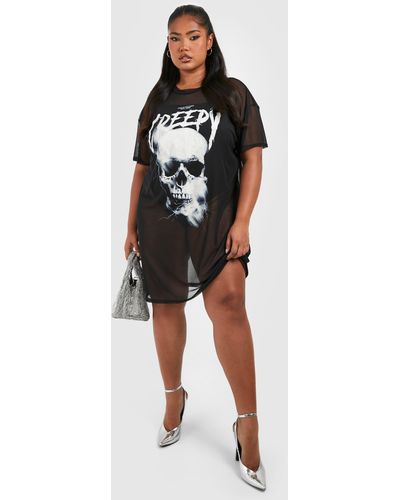 Boohoo Plus Halloween Mesh Skull T-shirt Dress - Black