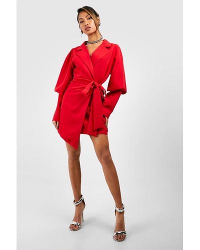 Boohoo Volume Sleeve Tie Waist Blazer Dress - Red