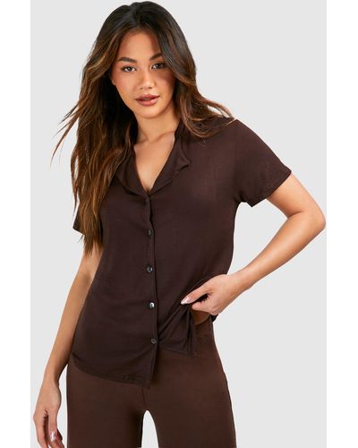 Boohoo Jersey Short Sleeve Button Up Pj Shirt - Brown