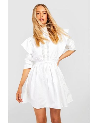 Boohoo Tall Cotton Poplin Embroidery Detail Shirt Dress - White