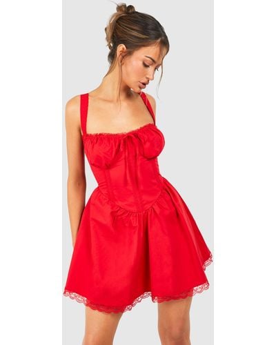 Boohoo Cotton Strappy Milkmaid Mini Dress - Red
