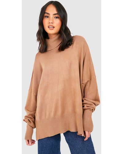 Boohoo Oversized Turtle Neck Knitted Sweater - Brown