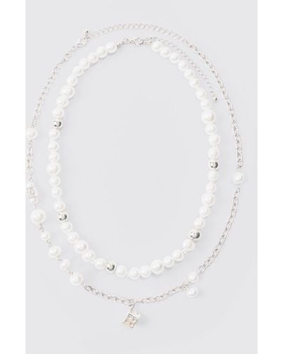 BoohooMAN Dice And Parel Double Layer Necklace In White