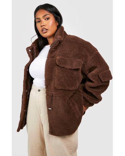 Boohoo Plus Teddy Faux Fur Utility Jacket - Brown
