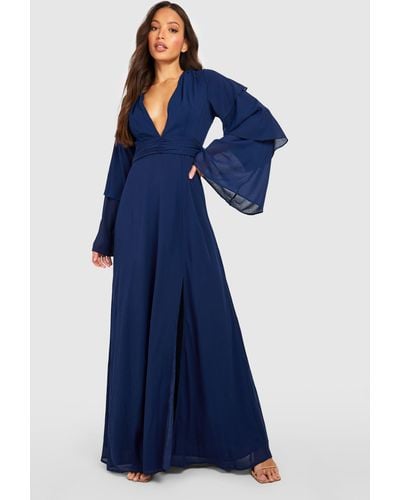 Boohoo Tall Bridesmaid Tiered Sleeve Occasion Maxi Dress - Blue